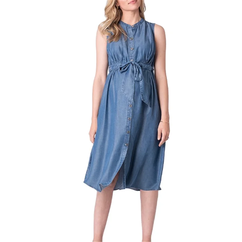 Customs Button Down Denim Maternity Breastfeeding Dress Women Summer Dresses
