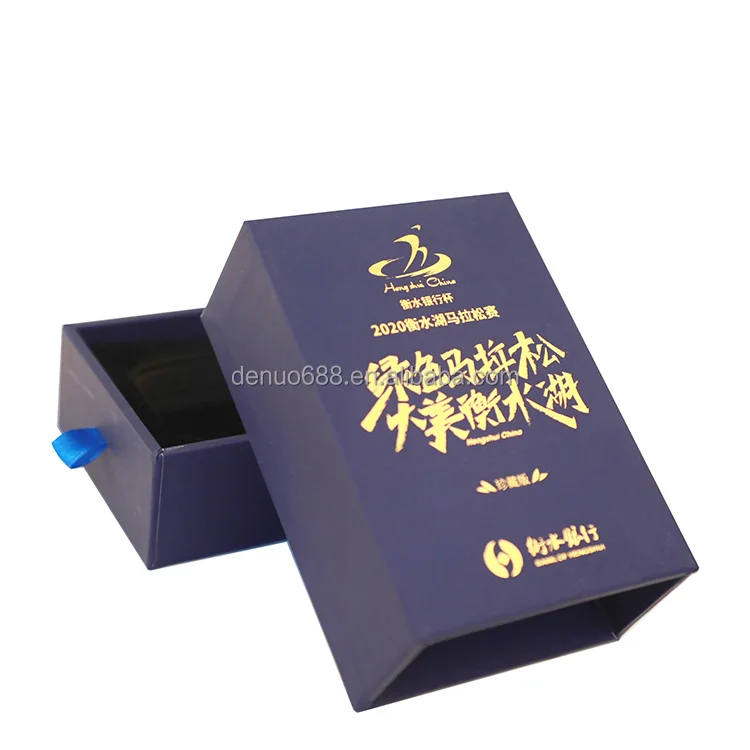 Wholesale Custom Logo Gold Foil Blue Marathon Souvenir Gift Pull-Out Drawer Boxes With EVA Lining