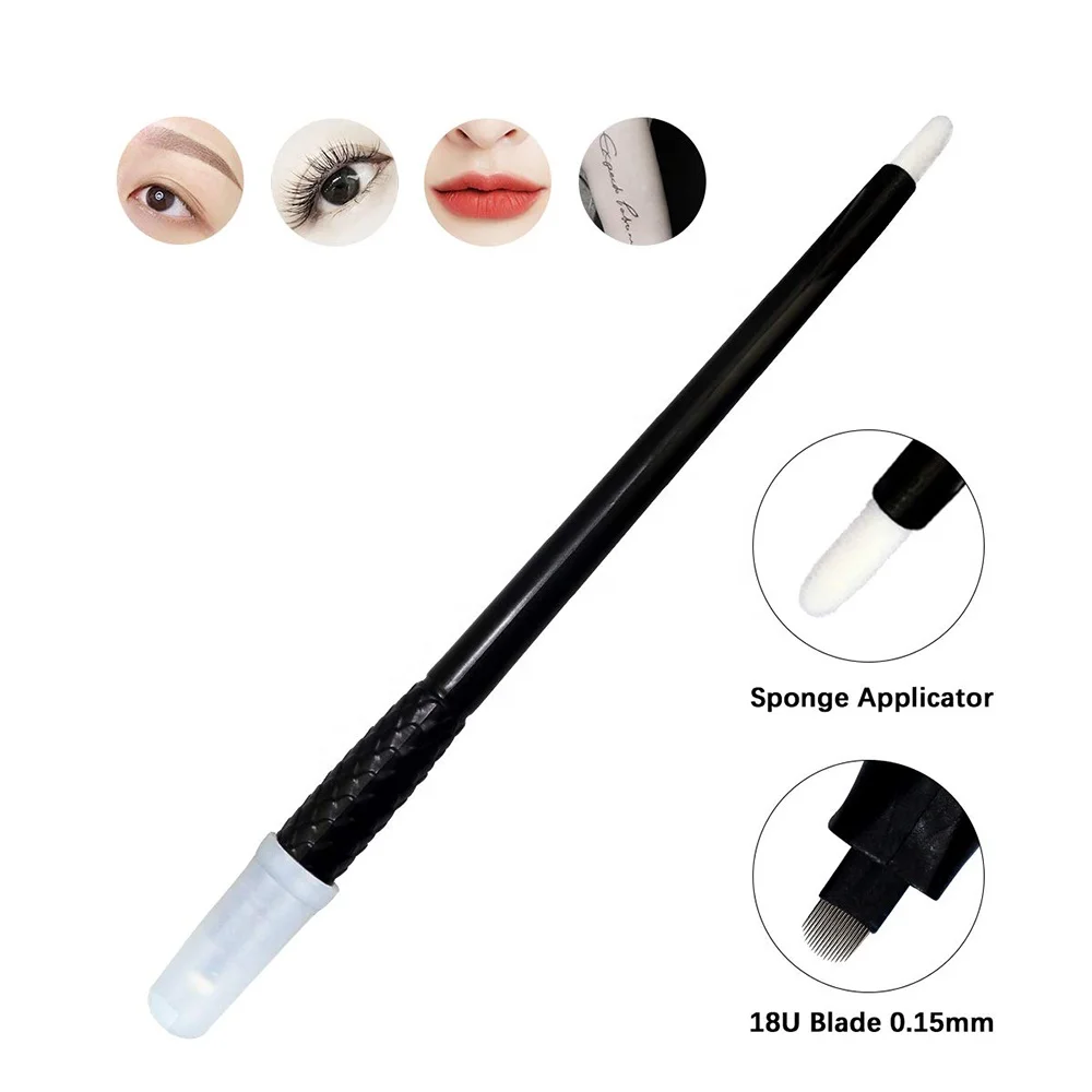 Nano micro 0.15mm 18U black blade Pink/Black Disposable Microblading Pen with Ring Ink Cup For Permanent Makeup Eyebrows