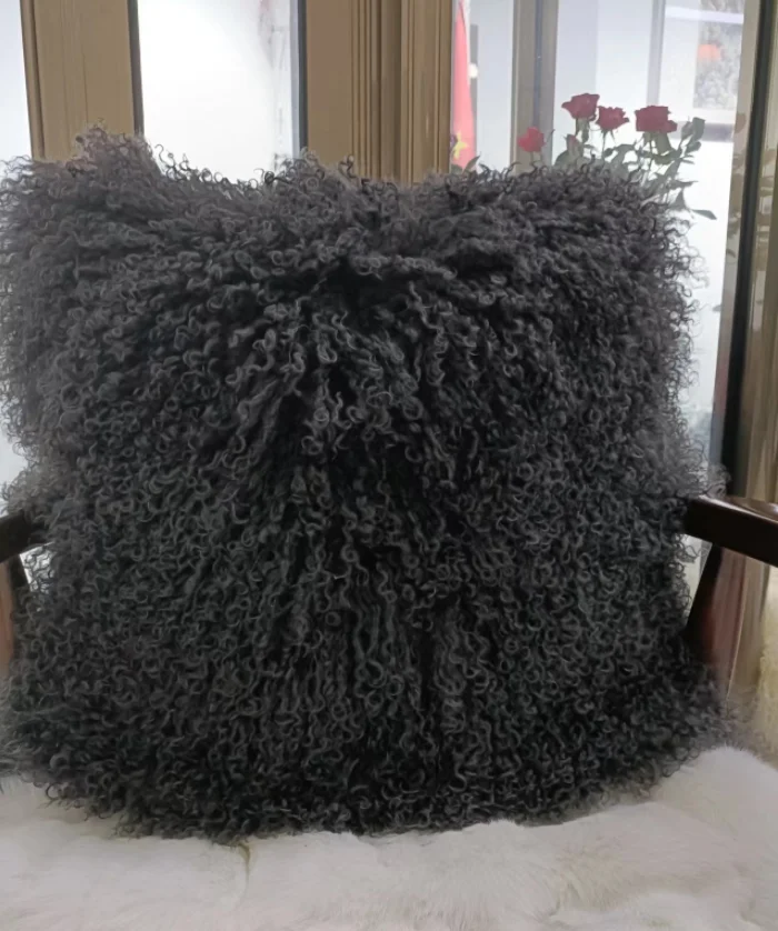 High Quality Customize Size  Real Long Curly Mongolian Lamb Fur Cushion Pillow Cover 45 CM 50 CM