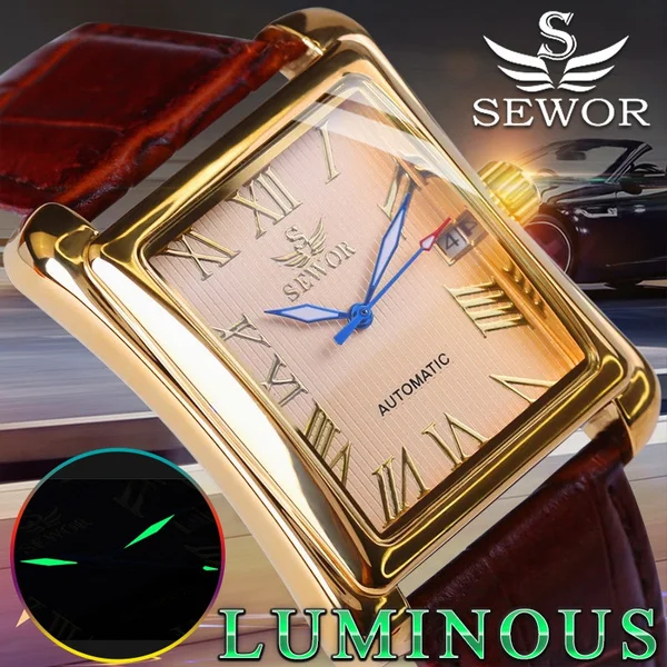 New SEWOR Top Brand Luxury Rectangular Men Watches Automatic Mechanical Watch Roman Display Antique Clock Relogio Wrist Watch