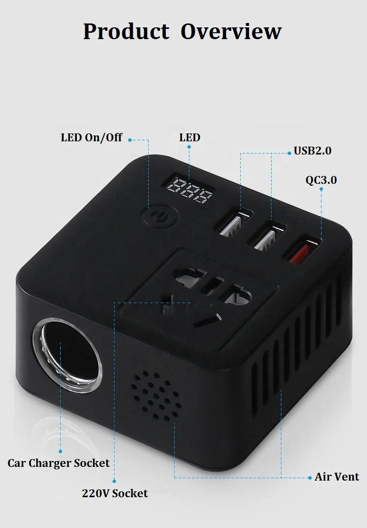 100W 12 Volt DC to AC 220V Car Power Inverter with USB Fast Charging