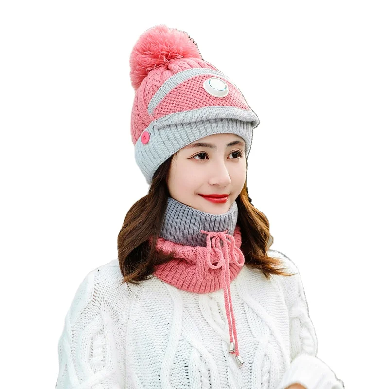 Оптовая продажа, женская вязаная теплая Лыжная зимняя надувная акриловая шапка, утепленные меховые шарики с помпоном, шарф, воротник, наборы шляп