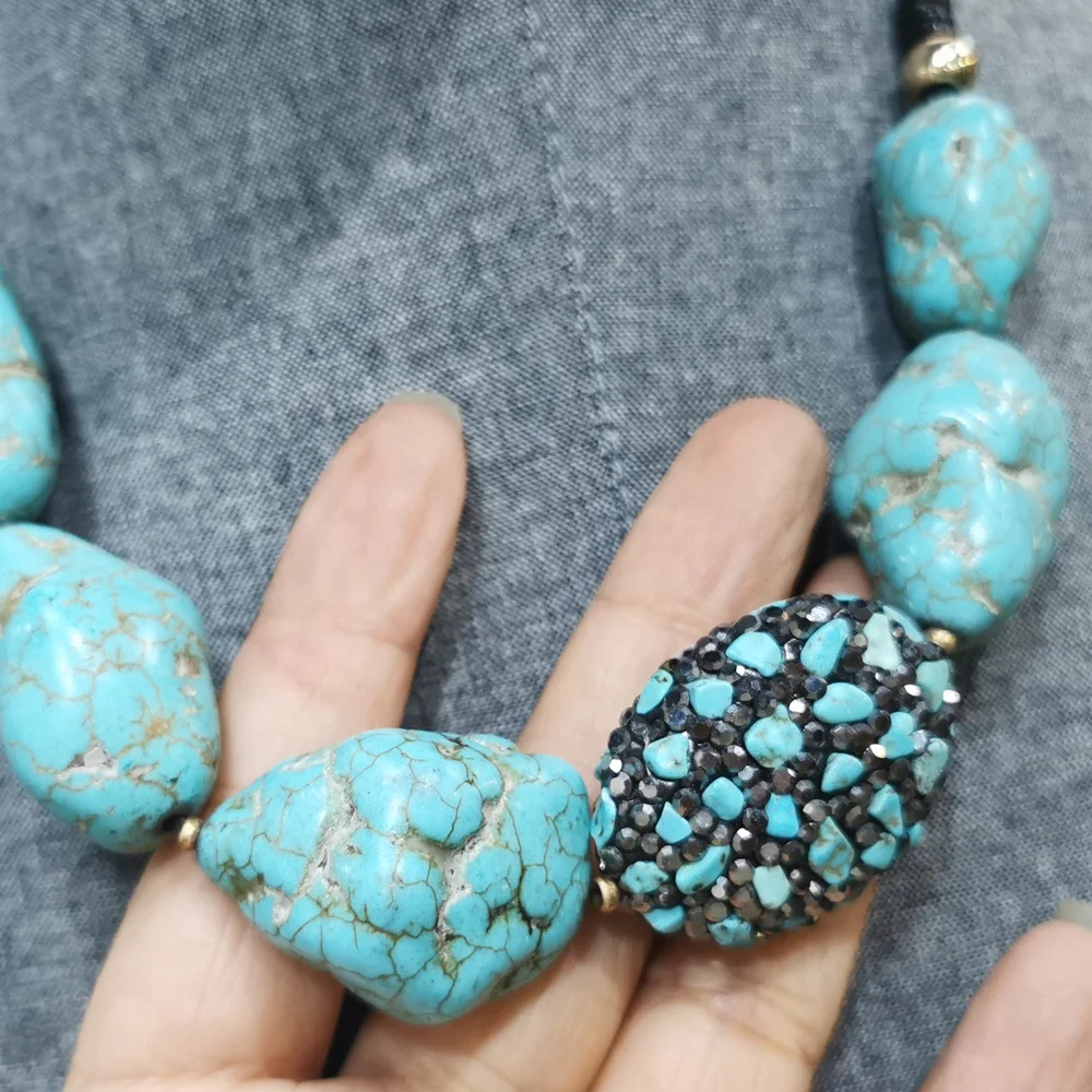 Vintage Turquoise Large Beads Necklaces Handmade Pave Crystal Gemstone Choker Necklace Jewelry for Women Adjustable