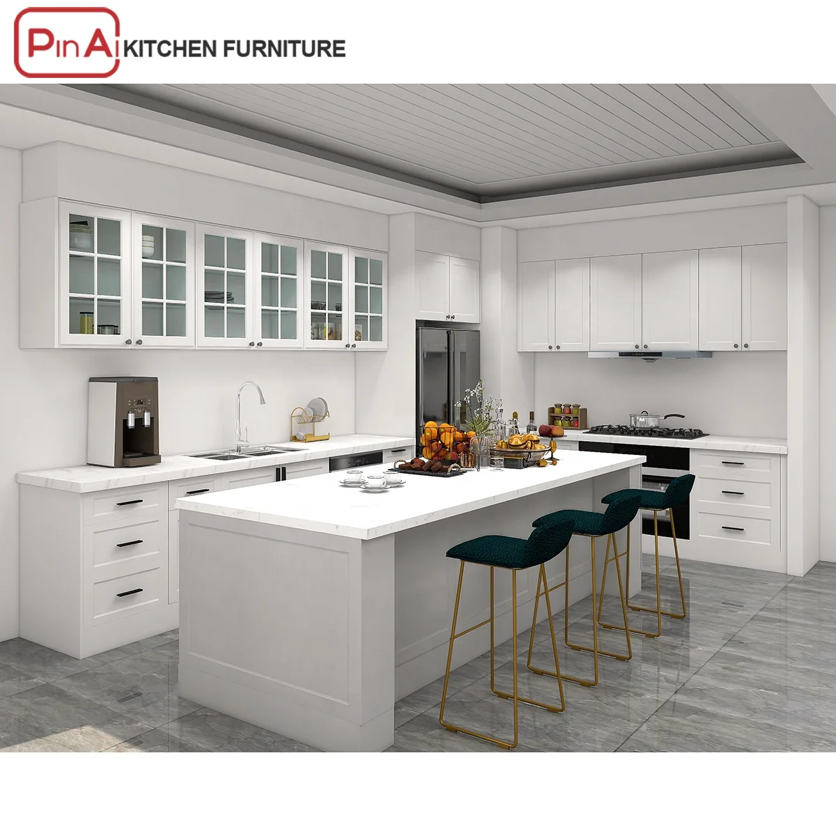 PINAI walnut wood color oak modern classic sintered stone white shaker kitchen cabinets