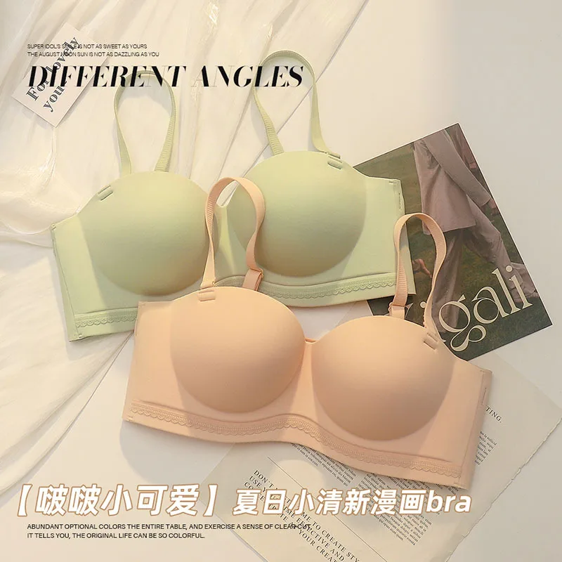 Women Seamless Gather Small Breast Bra One piece Comfortable Half Cup Brassiere Strapless Bra Wirefree Push Up Bra