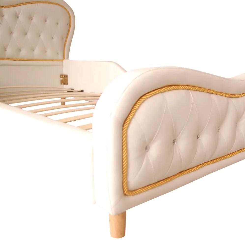 White Heart Kids Girls Boys Standard Single PU Leather Diamond Upholstered Bed for children