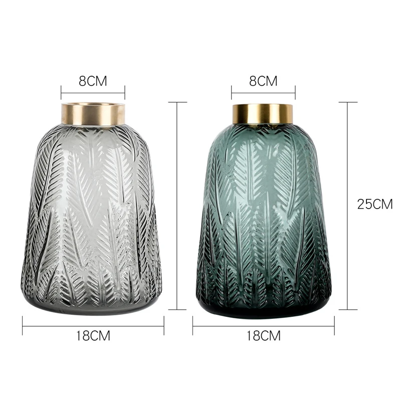 Amazon Ins creative Nordic tabletop large Glass Vase leaf pattern with gold-rimmed home Decorative Flower Glass crystal Vases
