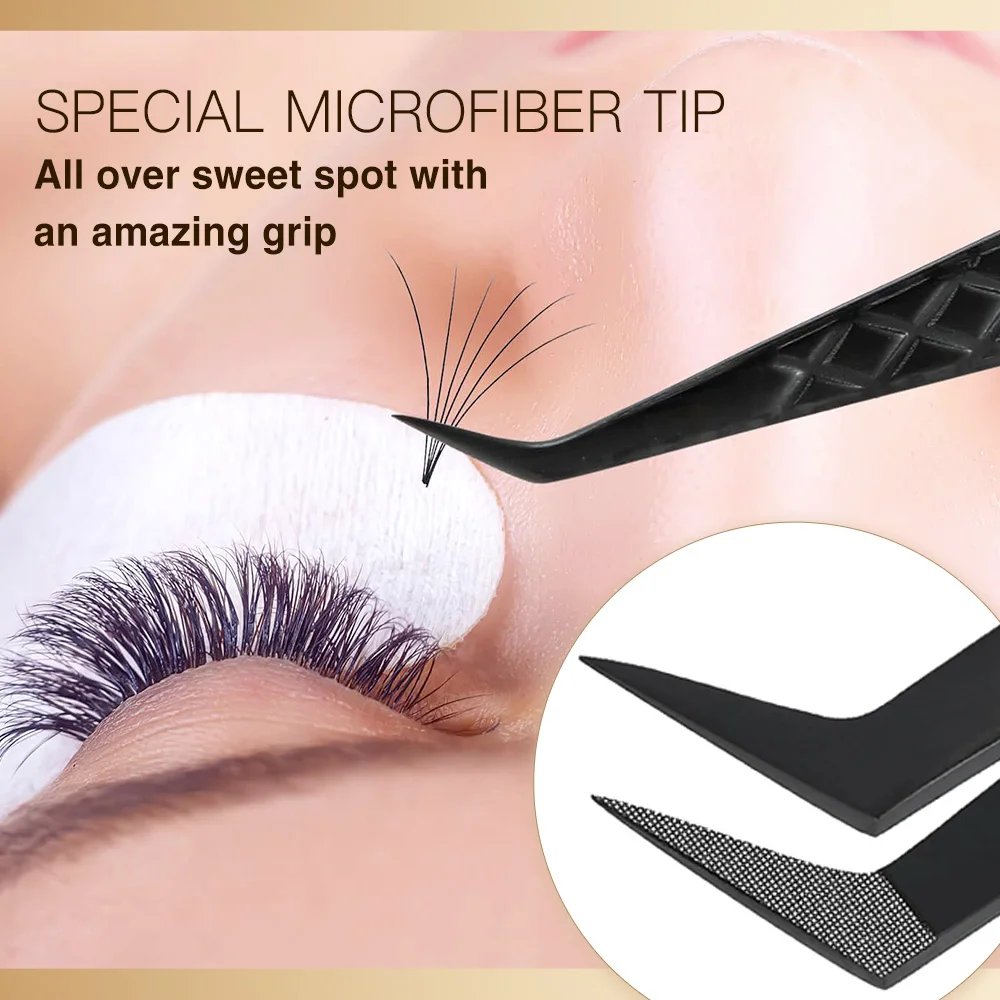 BlackLash Tweezers for Eyelash Extensions, Diamond Grip 90 Degree Fiber Tip Volume Lash Extension Tweezers,Black