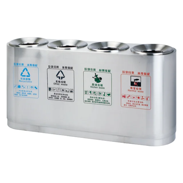 Wholesale Stainless Steel Outdoor/Indoor Oval Metal Trash Can 4 Compartment Large Sorting Bin Recycling Commercial Furniture