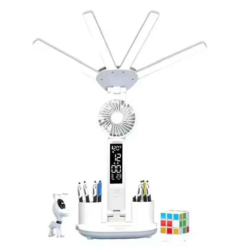 Four Head Clock Time Calendar Display Lamp Pen Holder Eye Protection Folding LED Table Lamp With Fan For Reading Learning