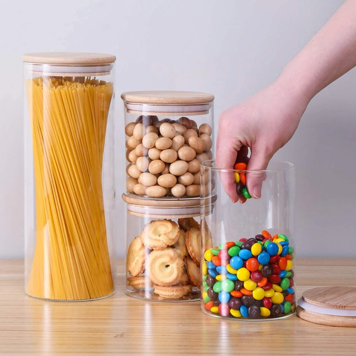 Glass Storage Jars with Sealed Bamboo Lids,Clear Glass Bulk Food Storage Canister for Serving Tea, Coffee, Spice, Candy, Cookie