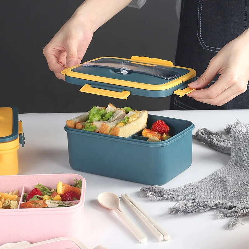 Wheat straw lunch box With buckle lock 1500ml plastic fruit box with tableware student portable Bento box can be microwaved