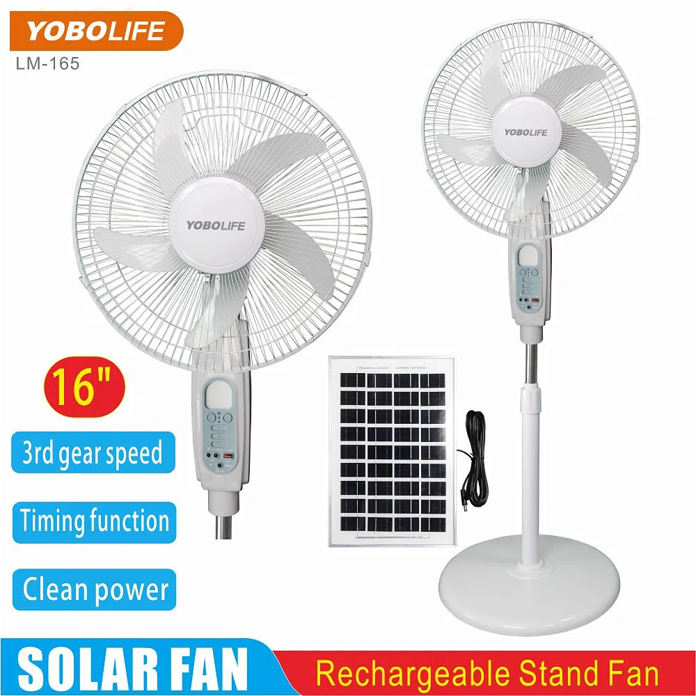 New Model LM-165 AC/DC Operated 16 Inch Rechargeable Stand Fan With LED Light USB Output Charging Solar Fan for Home