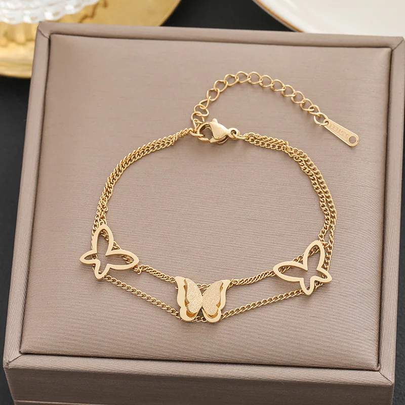 18K Gold Plated Small square butterfly Bracelet Stainless Steel Bracelet Non Fading Titanium Steel Simple Fashion Hand Jewelry