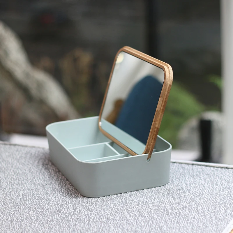 Modern luxury multi purpose pretty makeup case bamboo cosmetic box jewelry storage organizer with lid mirror for women beauty