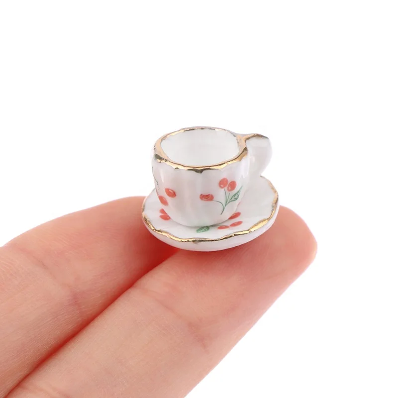 2Set 1:12 Dollhouse Miniature Cherry Ceramic Cup Saucer Kitchen Tableware Model Decor Toy Doll House Accessories