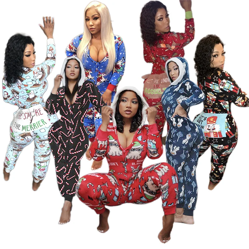 Wholesale 2021 Cotton Winter Sexy Women Christmas Holiday Onsies Adult Long Sleep Thermal Onesie Jumpsuit Pajamas For Women