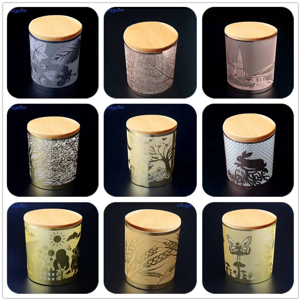 Customized luxury metal pattern decorate Candle container frosted glass candle jar with lid