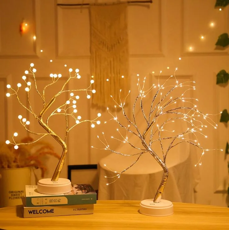 USB Battery Operated Touch Control Fancy Table Christmas Tree Light 108LED  Blossom Copper Wire Silver Branch Bonsai Tree  Light