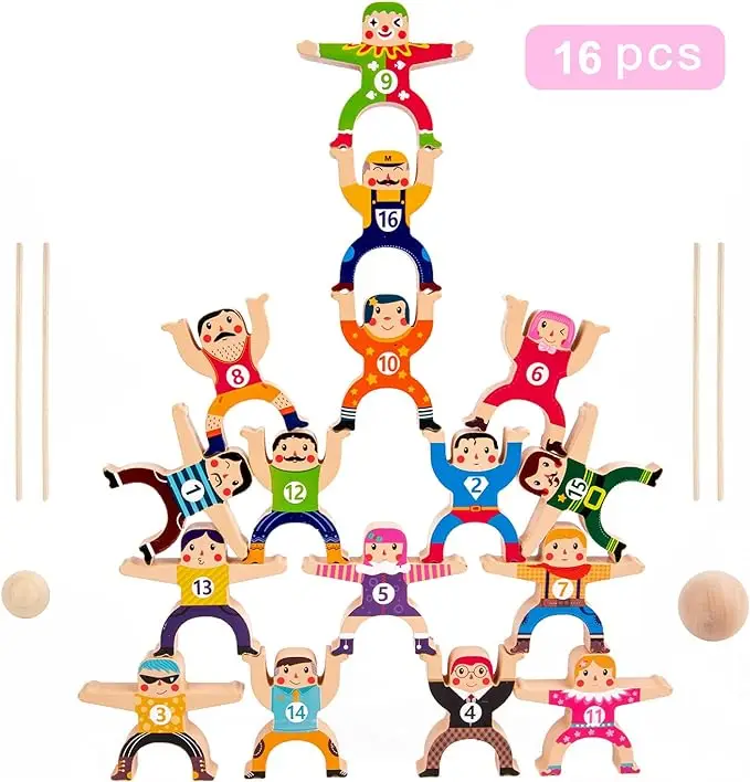 16Pcs Wooden Stacking Toys Circus Hercules Acrobatic Troupe Toy Balancing Building Blocks Game Puzzle Toys for Toddler Kids