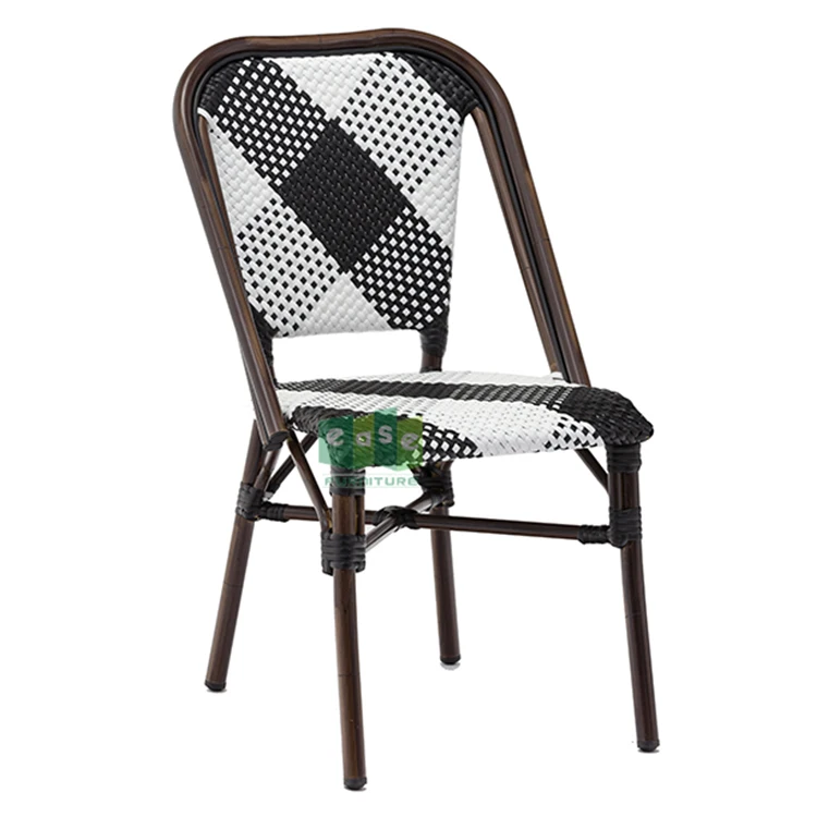 (E1109A) Outdoor cafe restaurant parisian bistro rattan chair black stakable
