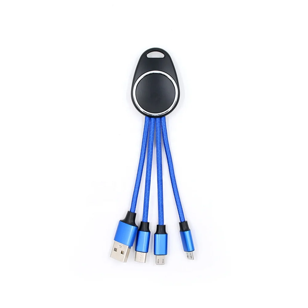 Vnew Colorful multi 3 in 1 keychain LED usb cable usb charging cable for 8pin /Type C/Micro mobile phone with fast charging