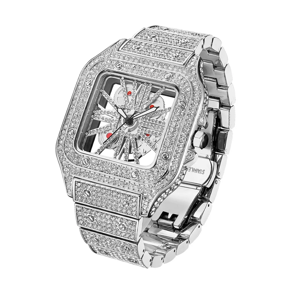 New trendy design double-sided transparent hollow out diamond hip-hop Japanese quartz movement missfox watches for men party