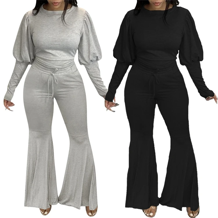 
Wholesale latest design good quality fall autumn 2020 womens puff sleeve two piece set flare pants 