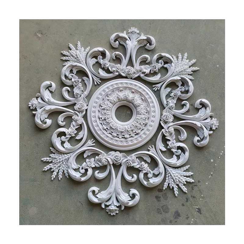 Polyurethane round ceiling appliques flower decorative arc mouldings decoration material
