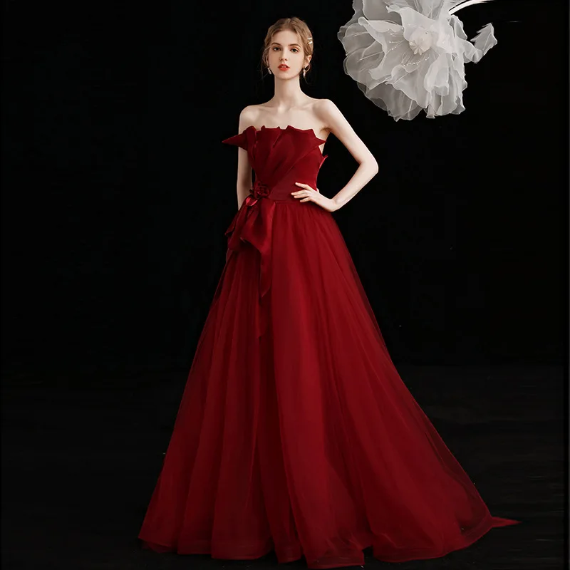 ZX-8002 Toast dress bride 2024 new banquet host engagement female temperament petite one shoulder red evening dress