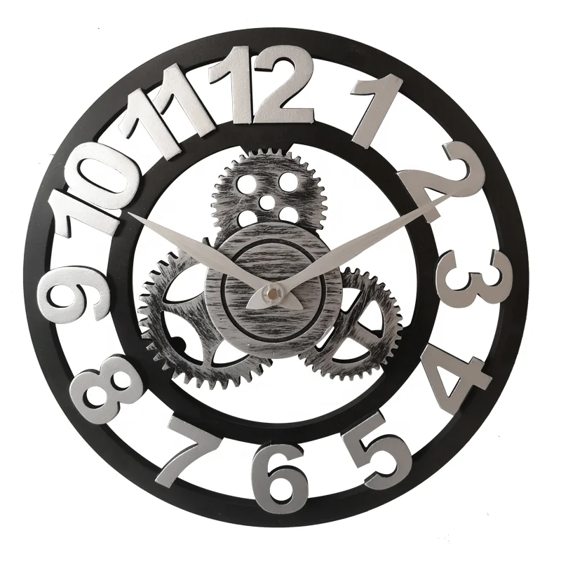Handmade All Normal Size Vintage European Style Black and Gold Silent Large Industrial Gear Creative Rustic 3d Wooden Wall Clock