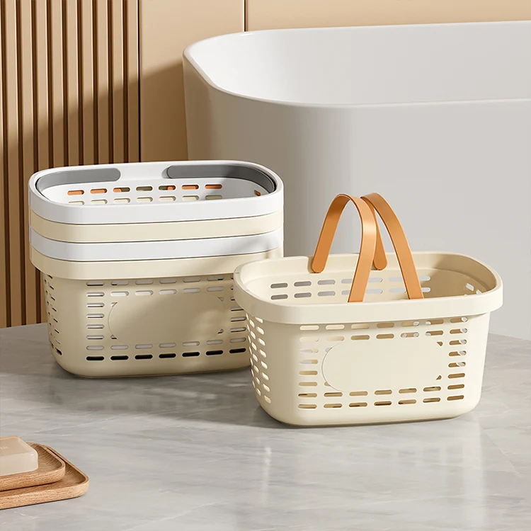 Portable small white plastic laundry shower caddy picnic food organizer storage basket with handle holes