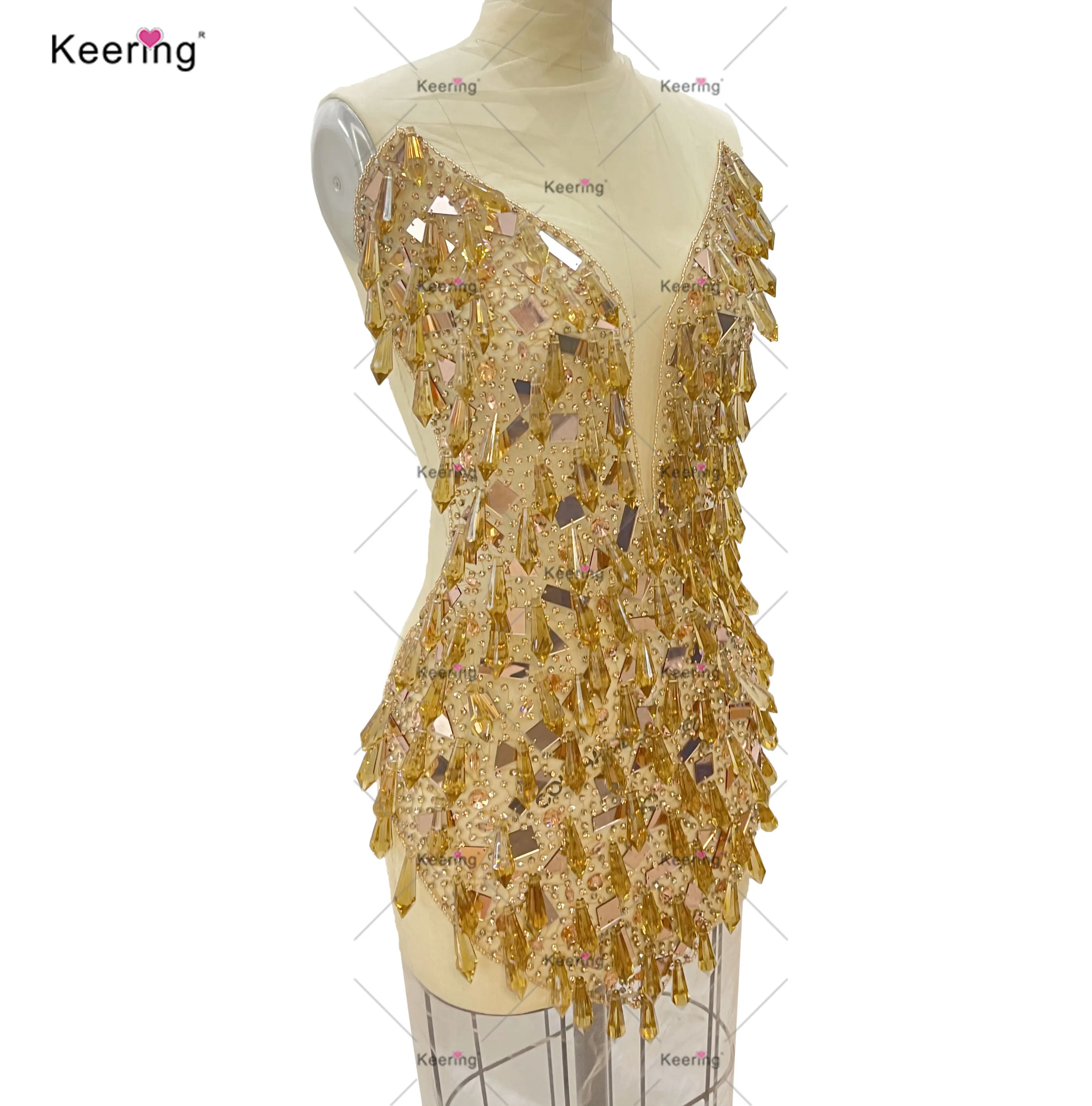 WDP-578 Keering New Arrivals Luxury Pointed Drop Glass Mirror Beads Big Rhinestone Appliques Bodice For Latin Dance Clothes