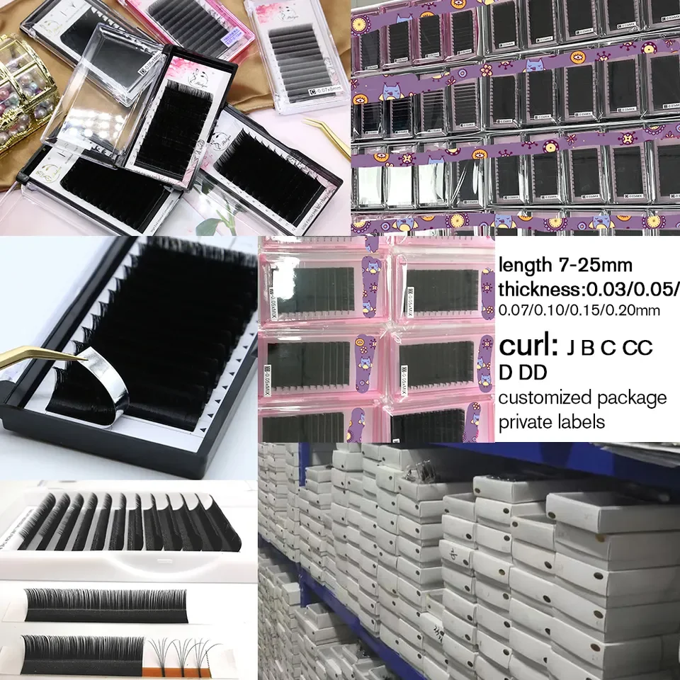 Free Sample C CC D DD Curl 0.07 mm Thickness Mix Length Korea PBT Fibre Flat Private Label Black Eye Lashes Eyelashes Extension