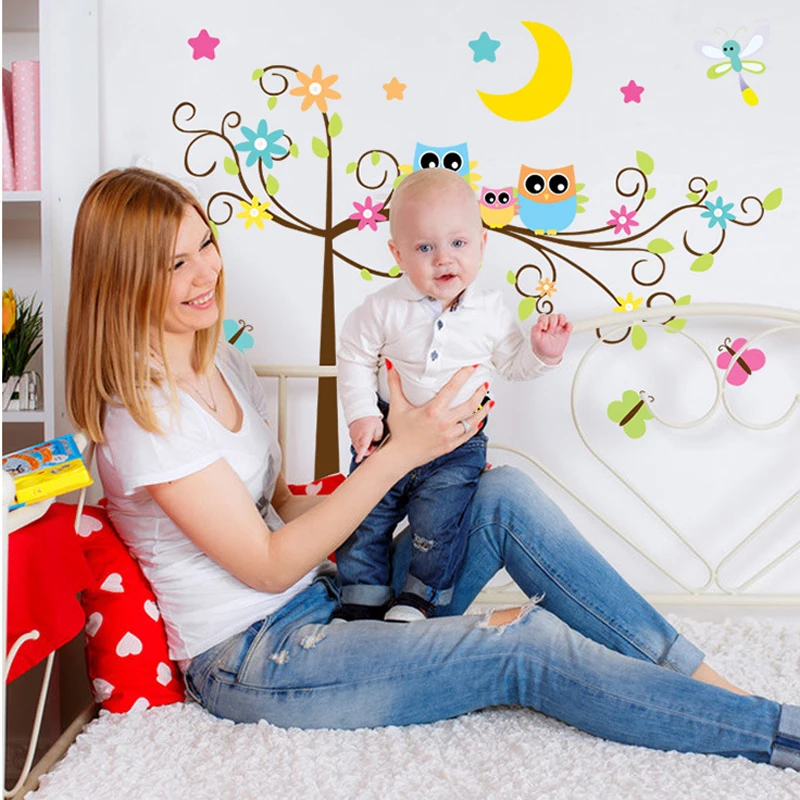 Removable colorful sweet owl on the tree kindergarten wall stickers