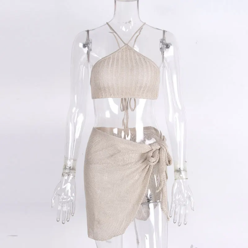 Bikini Set Bather Bathing Suit Female Two-Pieces Crochet Knitted  Swimwear Halter Top Smock Mini Dress Skirt