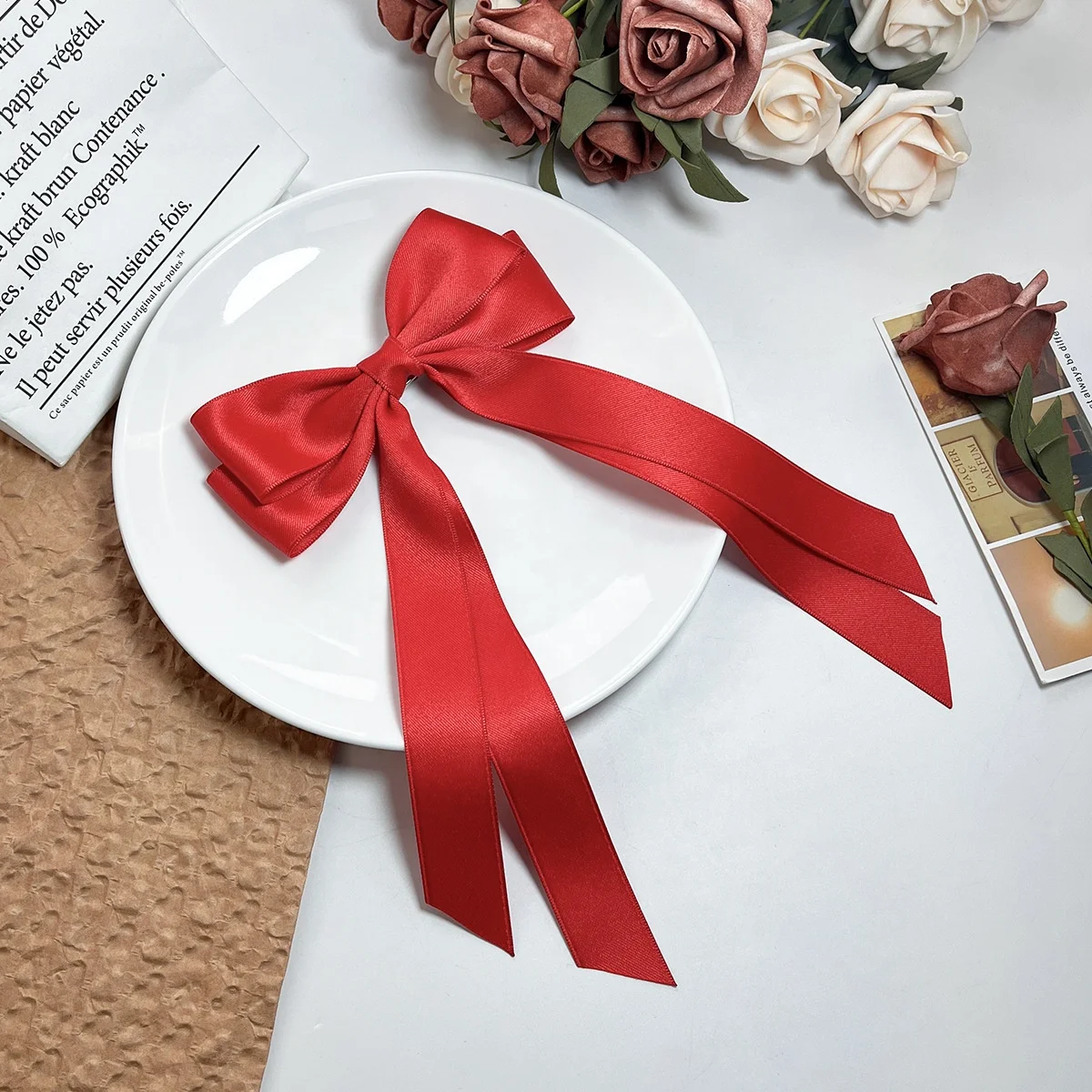 E-Magic Customized logo Printed Handmade  Big Size Matt Satin Ribbon Bow Decorative Hair Ribbon Bow For Garment Accessories