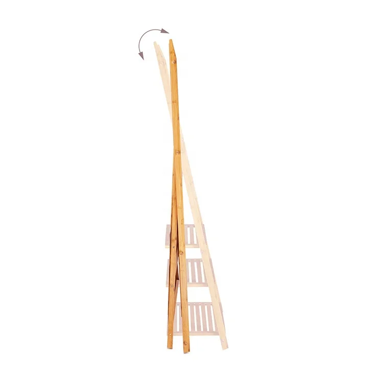 Wholesale bathroom furniture standing natural bamboo wood 3 tier corner storage ladder shelf towel rack