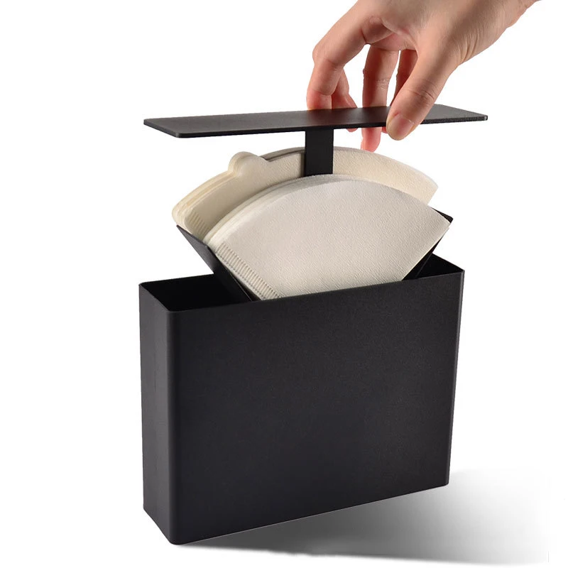 Simple Square Iron Metal Coffee filter Paper Container box with dust-proof Storage Box Walnut Wood Cover V60 filter Paper holder