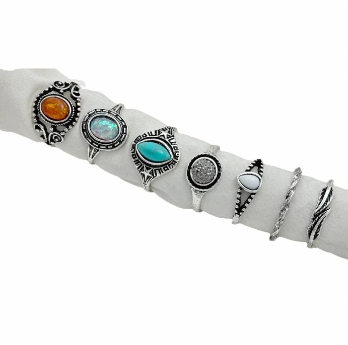 Best-selling 7 Sets Of Gold And Silver Sacred Geometric Pattern Colored Gemstone Ring Retro Fashion Ring Ring Set For Women