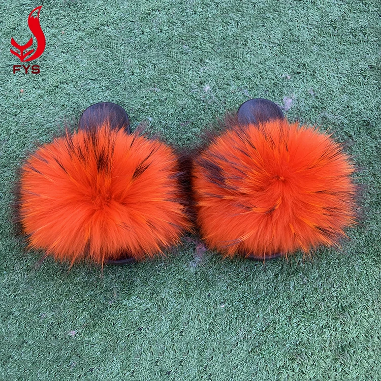 
New designer big fluffy real raccoon fur slippers sandal furry fur slides for women 