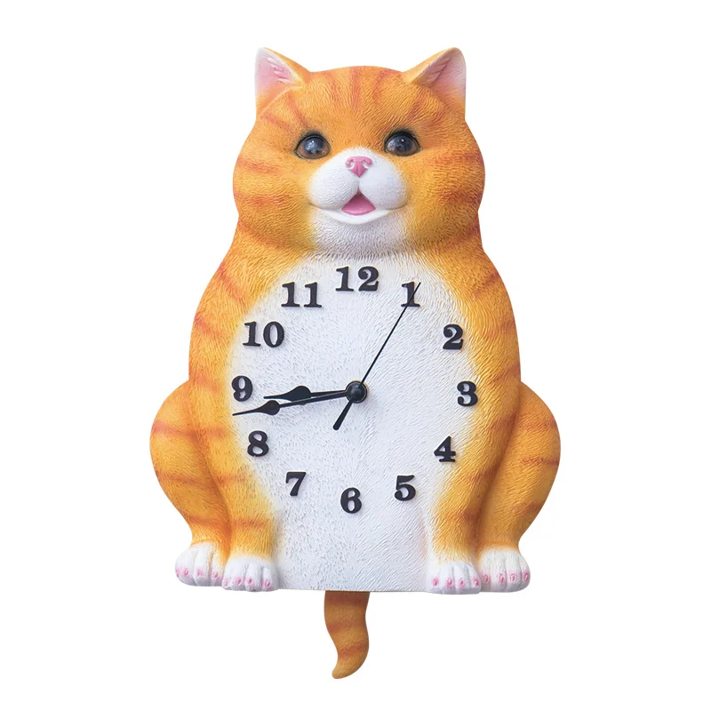 Resin creative orange cat wall clock, cute cartoon animal decoration indoor silent wall clock, animal wall clock