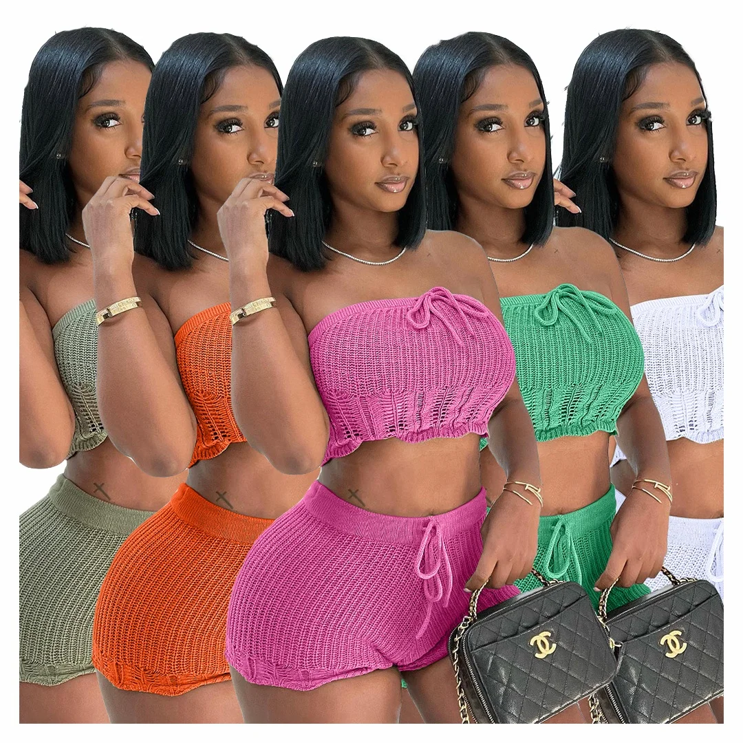 2022 Women Crocheted 2 Piece Pant Set Clothing Biker Shorts Outfits Wholesale Custom Sweat Suit Jogging 2 Piece Pant Set Outfits