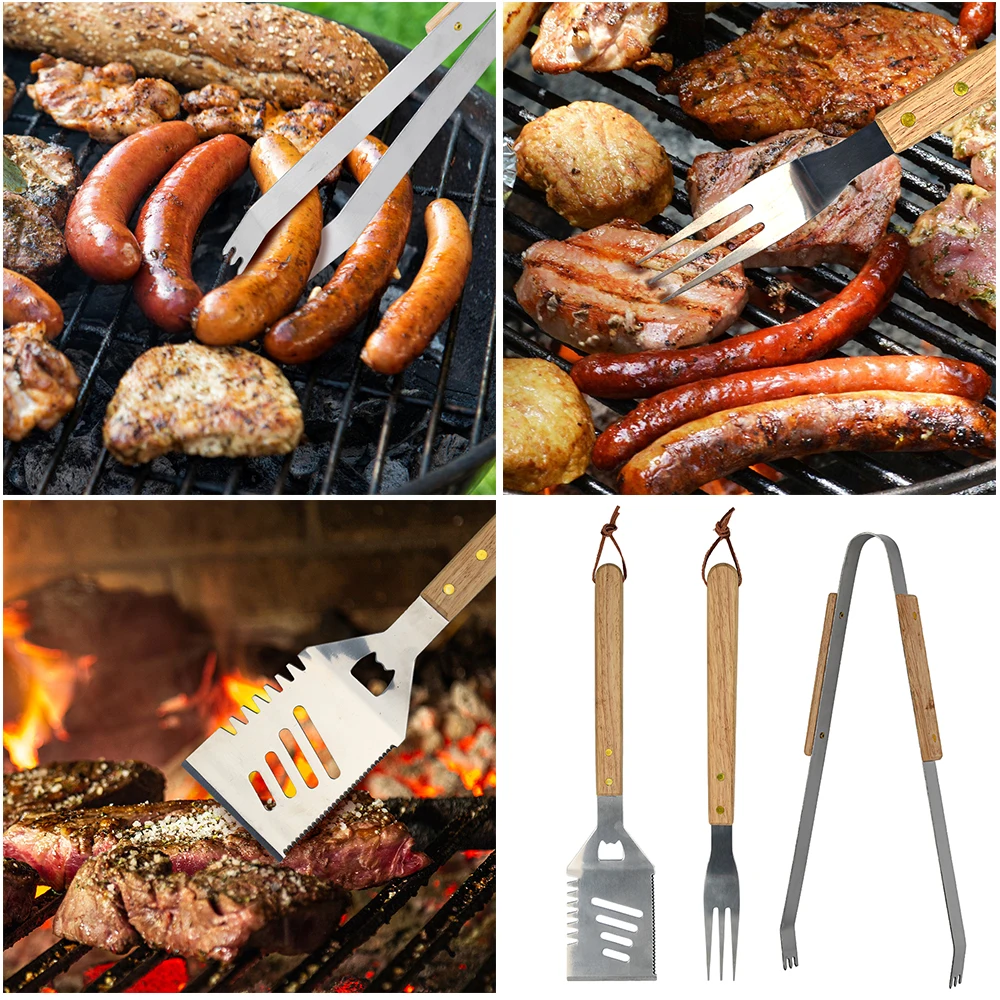 Churrasco Kit Barbecue Grill Utensil Tools Stainless Steel Spatula Fork Tongs 3Pcs BBQ Tool Set With Insulated Wooden Handle