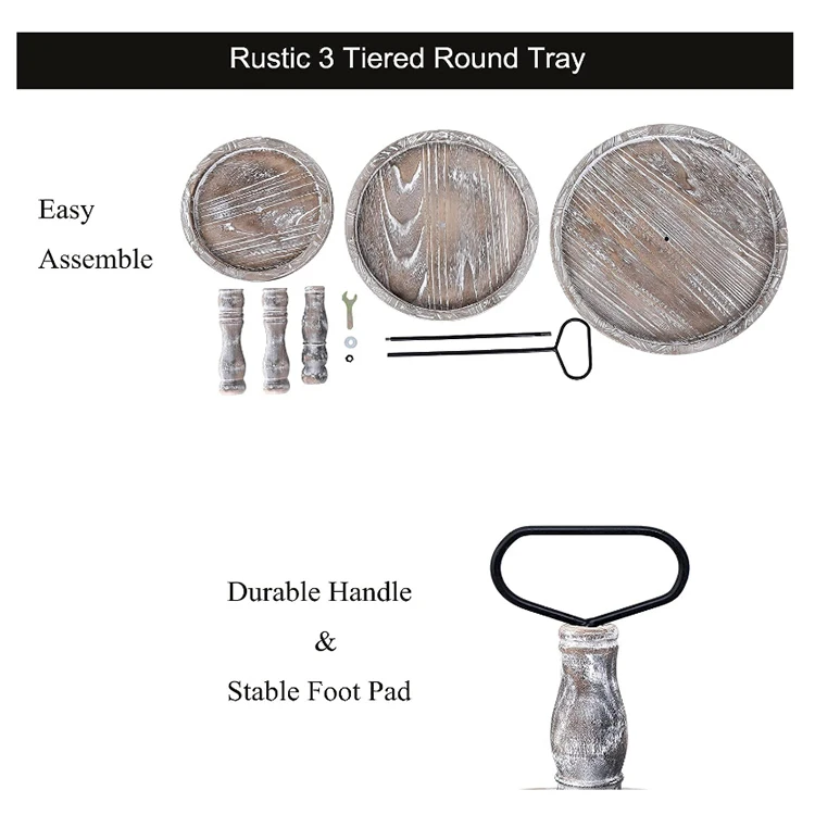 Rustic Brown 3 Tiered Round Wooden Serving Tray with Metal Handle Solid Wood Kitchen Decorative Trays