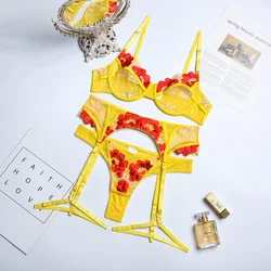 2022 Latest Classic Design Lace Mesh Valentines Night Wear Sexy Four-piece Push Up Bra Women Lingerie Sets Exotic