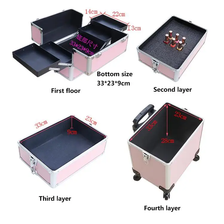 Cosmetics Aluminum Trolley Box, Rolling Makeup Train Case Trolley ,Cosmetic Train Cases on Wheels Large Capacity Traveling case