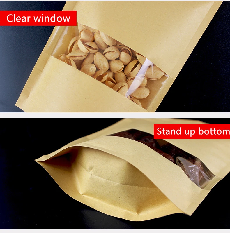 Wholesale Food Grade Waterproof Ziplock Biodegradable Brown Kraft Paper Kraft Stand Up Pouch Snack Food Bag With Printing 100Pcs