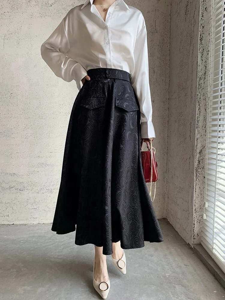 Black Skirt Ladies 2023 Hepburn style high waist vintage satin jacquard pocket skirt